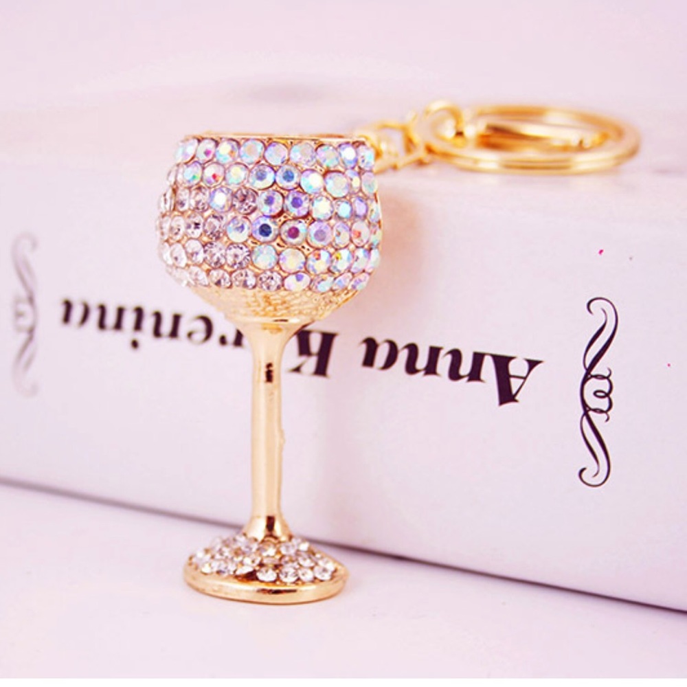 Blingy Nice Gold Rhinestone Wine Glass Keychain!